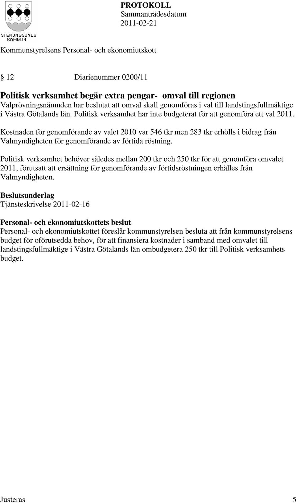 Kostnaden för genomförande av valet 2010 var 546 tkr men 283 tkr erhölls i bidrag från Valmyndigheten för genomförande av förtida röstning.