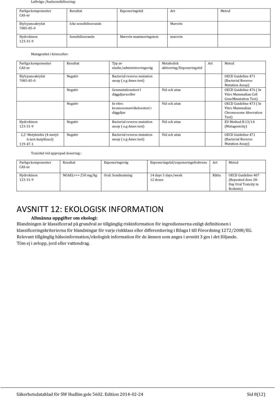 g Ames test) Genmutationstest I däggdjursceller In vitro kromosomavvikelsestest i däggdjur Bacterial reverse mutation assay ( e.