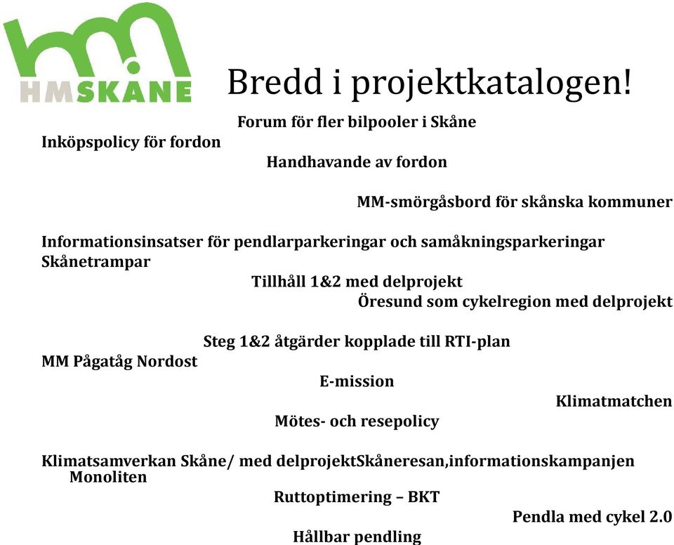 Forum för fler bilpooler i Skåne Handhavande av fordon MM-smörgåsbord för skånska kommuner Informationsinsatser för