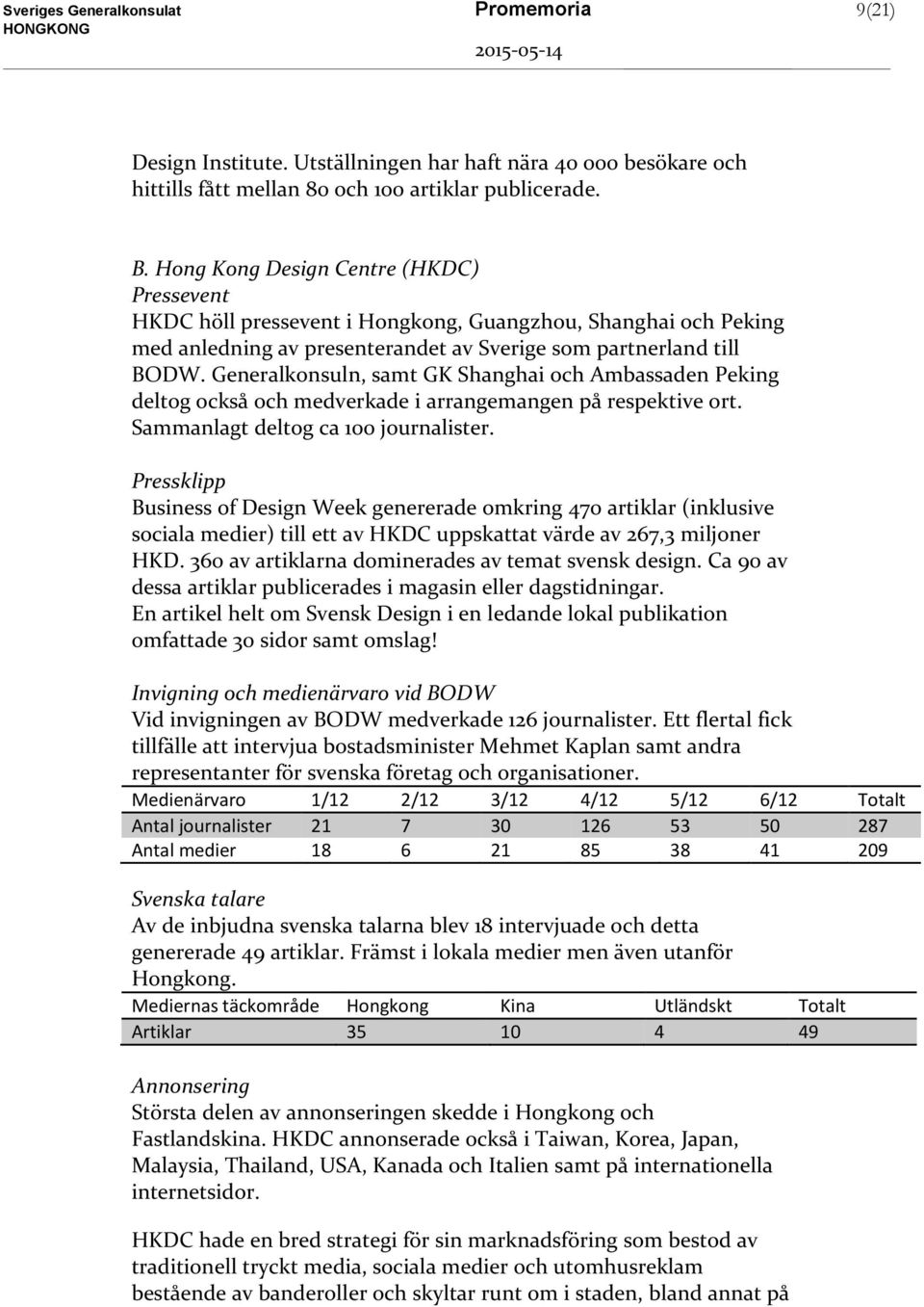 Generalkonsuln, samt GK Shanghai och Ambassaden Peking deltog också och medverkade i arrangemangen på respektive ort. Sammanlagt deltog ca 100 journalister.