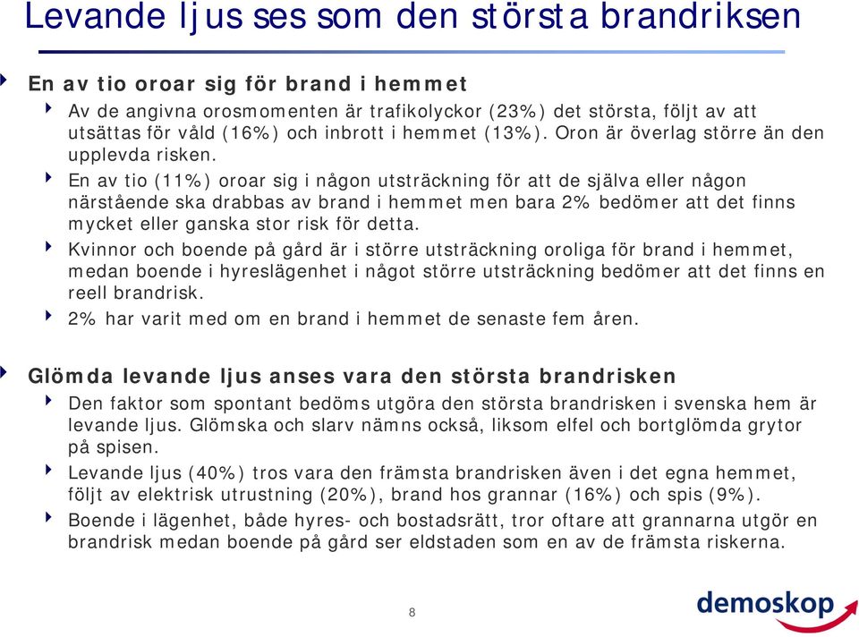En av tio (11%) oroar sig i någon utsträckning för att de själva eller någon närstående ska drabbas av brand i hemmet men bara % bedömer att det finns mycket eller ganska stor risk för detta.