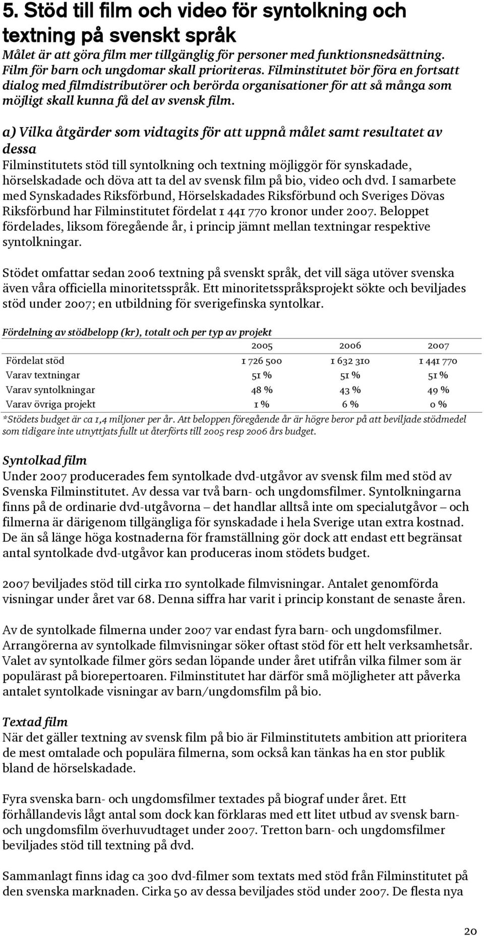 a) Vilka åtgärder som vidtagits för att uppnå målet samt resultatet av dessa Filminstitutets stöd till syntolkning och textning möjliggör för synskadade, hörselskadade och döva att ta del av svensk
