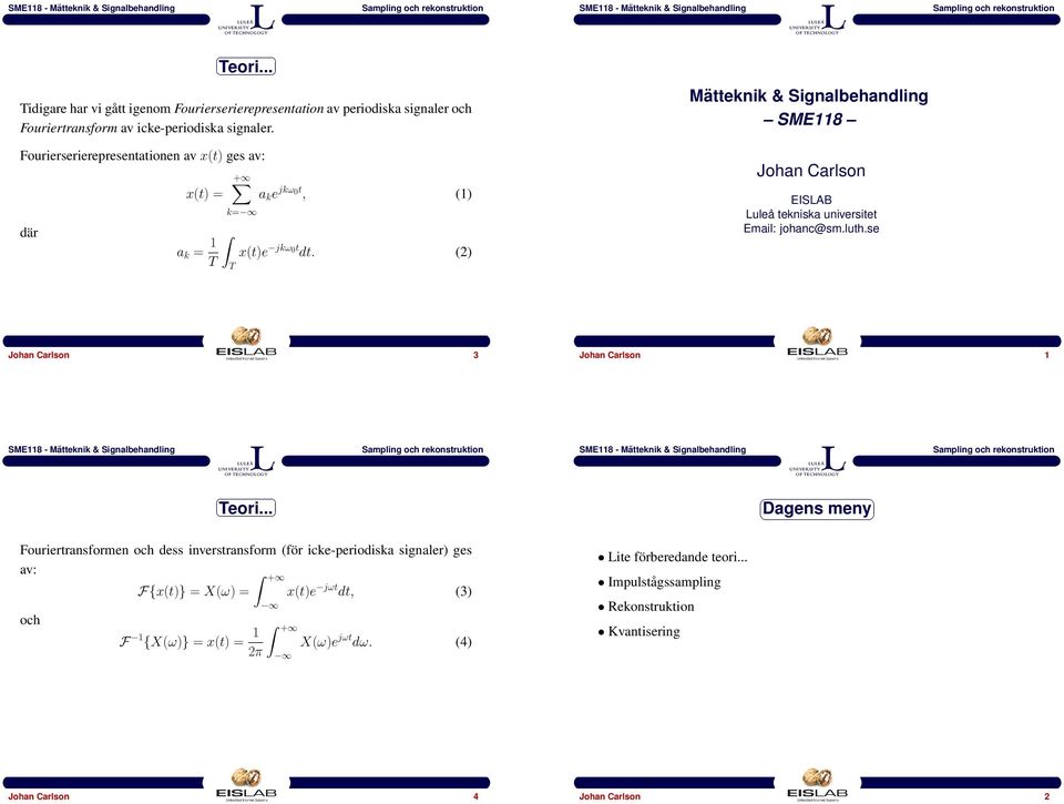 (2) Mätteknik & Signalbehandling SME118 Johan Carlson EISLAB Luleå tekniska universitet Email: johanc@sm.luth.