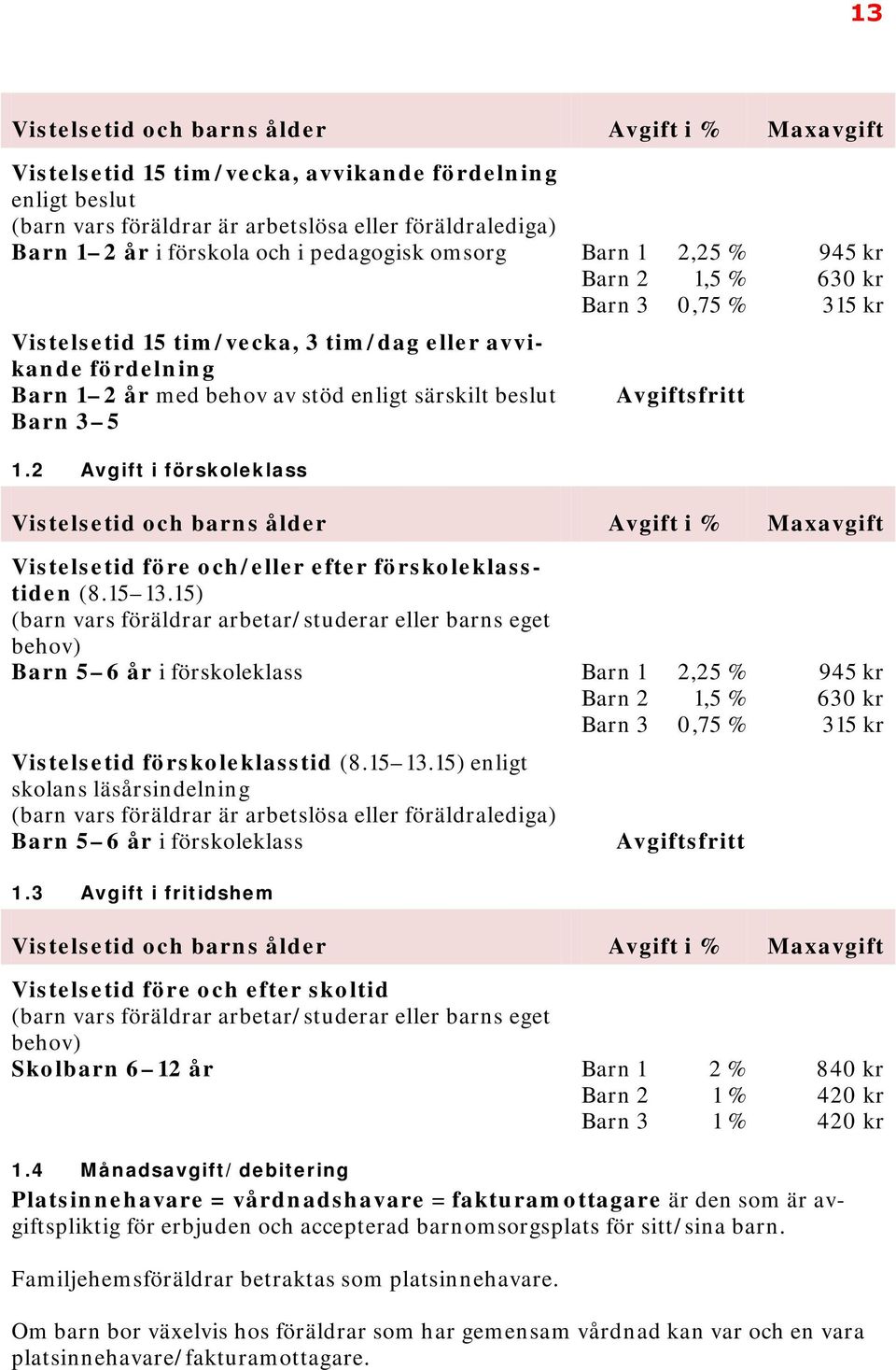 Avgiftsfritt Barn 3 5 1.2 Avgift i förskoleklass Vistelsetid och barns ålder Avgift i % Maxavgift Vistelsetid före och/eller efter förskoleklasstiden (8.15 13.