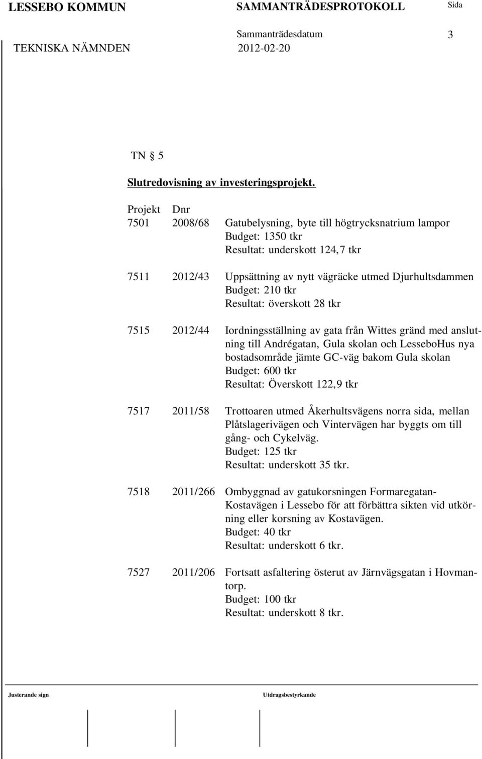 tkr Resultat: överskott 28 tkr 7515 2012/44 Iordningsställning av gata från Wittes gränd med anslutning till Andrégatan, Gula skolan och LesseboHus nya bostadsområde jämte GC-väg bakom Gula skolan