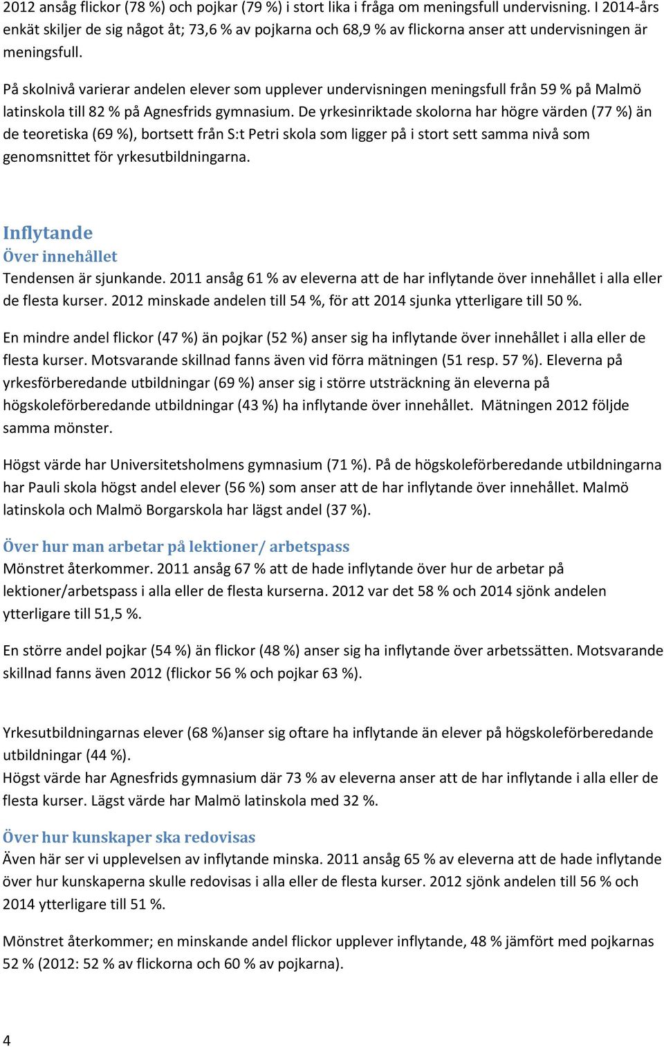 På skolnivå varierar andelen elever som upplever undervisningen meningsfull från 59 % på Malmö latinskola till 82 % på Agnesfrids gymnasium.