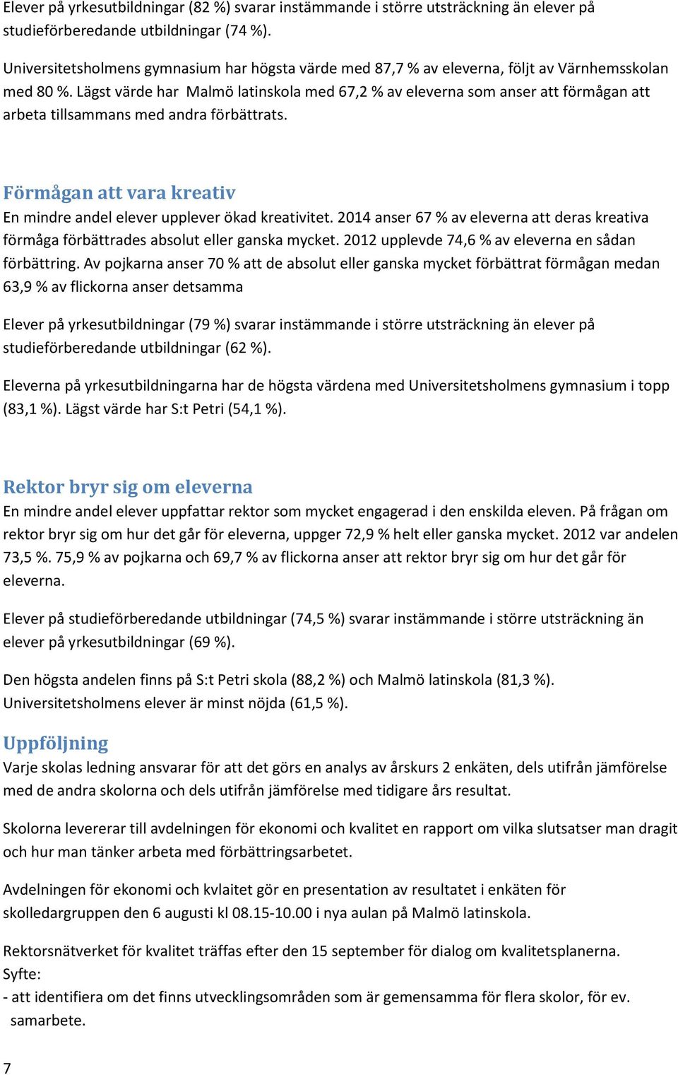 Lägst värde har Malmö latinskola med 67,2 % av eleverna som anser att förmågan att arbeta tillsammans med andra förbättrats. Förmågan att vara kreativ En mindre andel elever upplever ökad kreativitet.