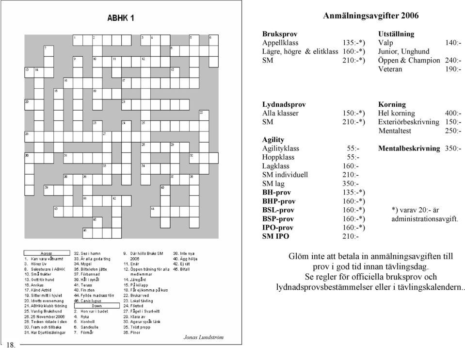 Lagklass 160:- SM individuell 210:- SM lag 350:- BH-prov 135:-*) BHP-prov 160:-*) BSL-prov 160:-*) *) varav 20:- är BSP-prov 160:-*) administrationsavgift.