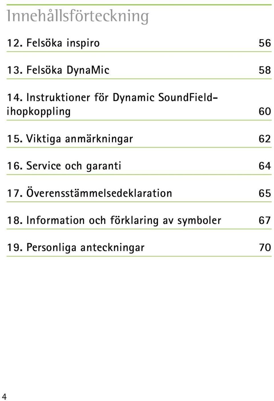 Viktiga anmärkningar 62 16. Service och garanti 64 17.