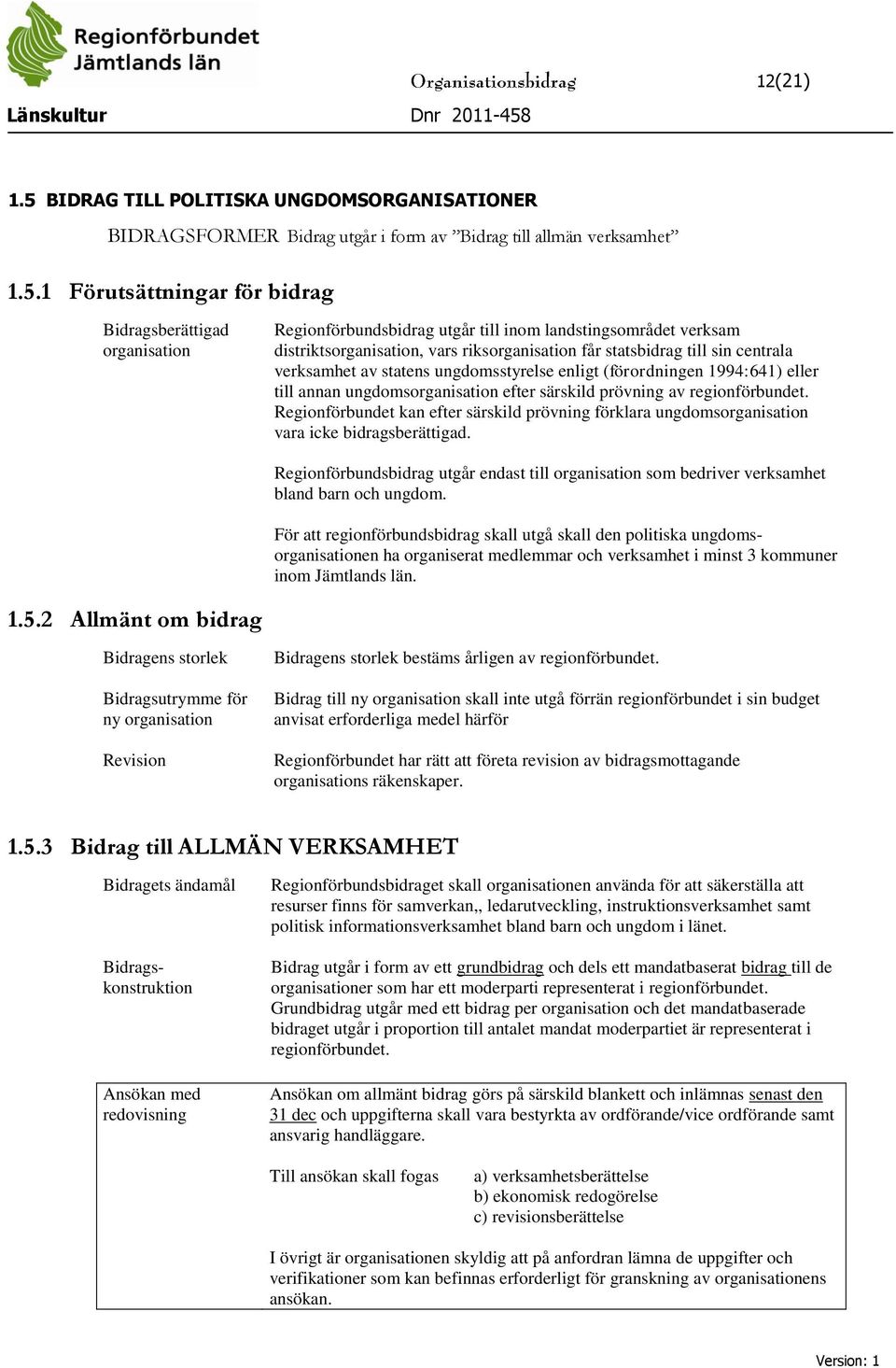 1 Förutsättningar för bidrag Bidragsberättigad organisation Regionförbundsbidrag utgår till inom landstingsområdet verksam distriktsorganisation, vars riksorganisation får statsbidrag till sin