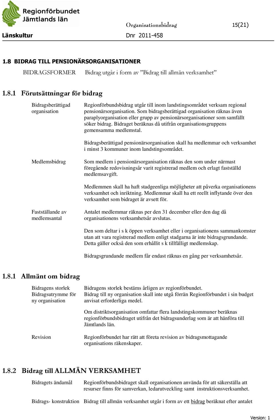 Bidraget beräknas då utifrån organisationsgruppens gemensamma medlemstal. Bidragsberättigad pensionärsorganisation skall ha medlemmar och verksamhet i minst 3 kommuner inom landstingsområdet.