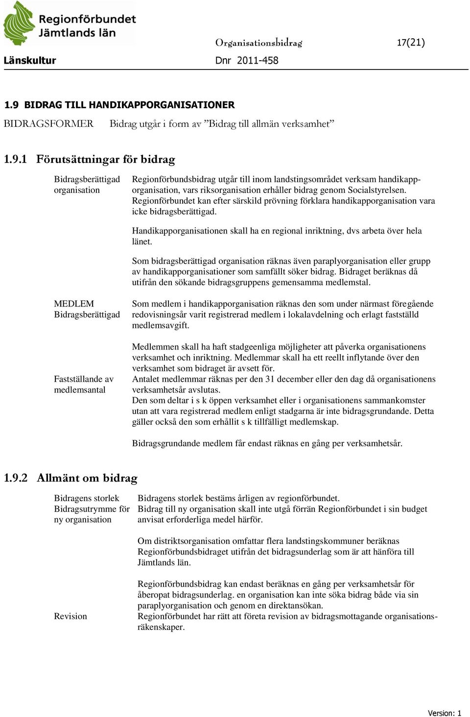 1 Förutsättningar för bidrag Bidragsberättigad organisation Regionförbundsbidrag utgår till inom landstingsområdet verksam handikapporganisation, vars riksorganisation erhåller bidrag genom