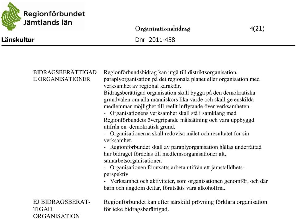 Bidragsberättigad organisation skall bygga på den demokratiska grundvalen om alla människors lika värde och skall ge enskilda medlemmar möjlighet till reellt inflytande över verksamheten.