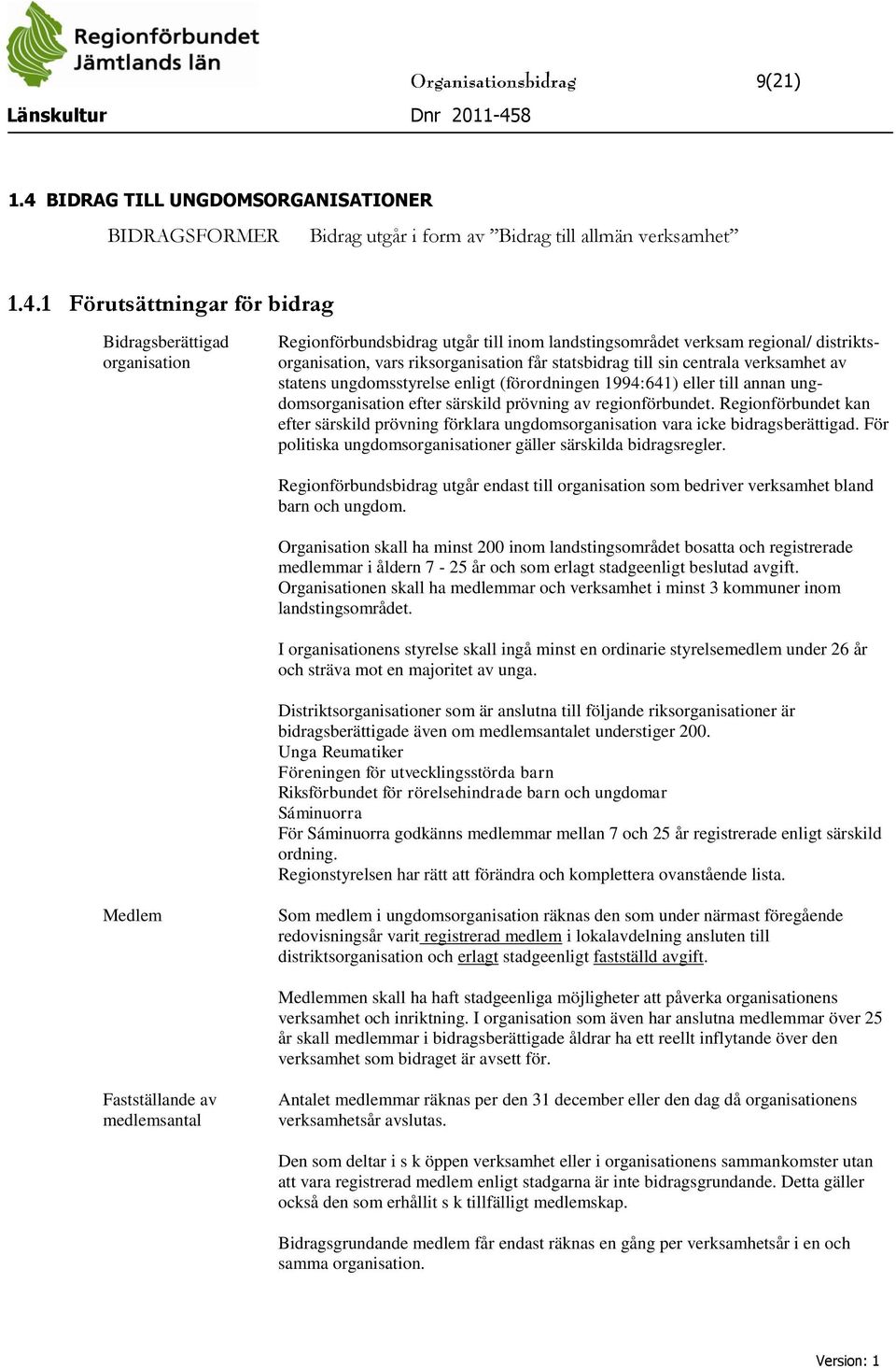 1 Förutsättningar för bidrag Bidragsberättigad organisation Regionförbundsbidrag utgår till inom landstingsområdet verksam regional/ distriktsorganisation, vars riksorganisation får statsbidrag till