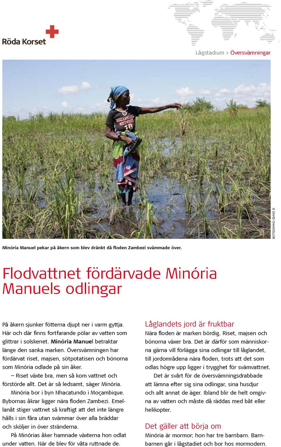Översvämningen har fördärvat riset, majsen, sötpotatisen och bönorna som Minória odlade på sin åker. Riset växte bra, men så kom vattnet och förstörde allt. Det är så ledsamt, säger Minória.