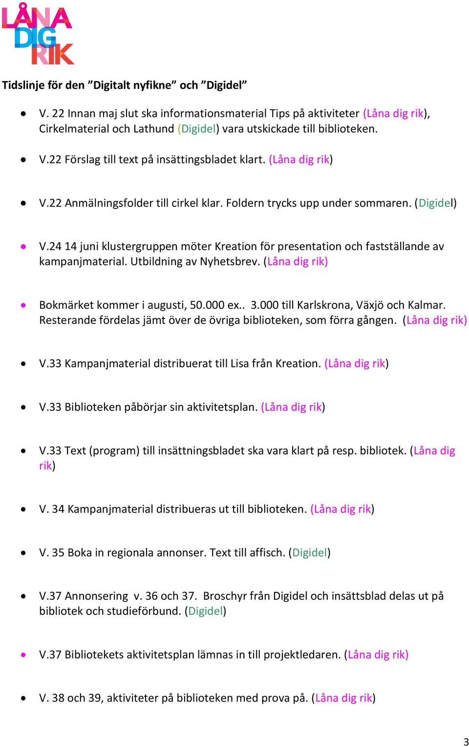 24 14 juni klustergruppen möter Kreation för presentation och fastställande av kampanjmaterial. Utbildning av Nyhetsbrev. (Låna dig rik) Bokmärket kommer i augusti, 50.000 ex.. 3.