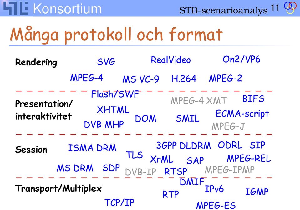 264 On2/VP6 MPEG-2 MPEG-4 XMT BIFS ECMA-script SMIL MPEG-J Session ISMA DRM 3GPP DLDRM