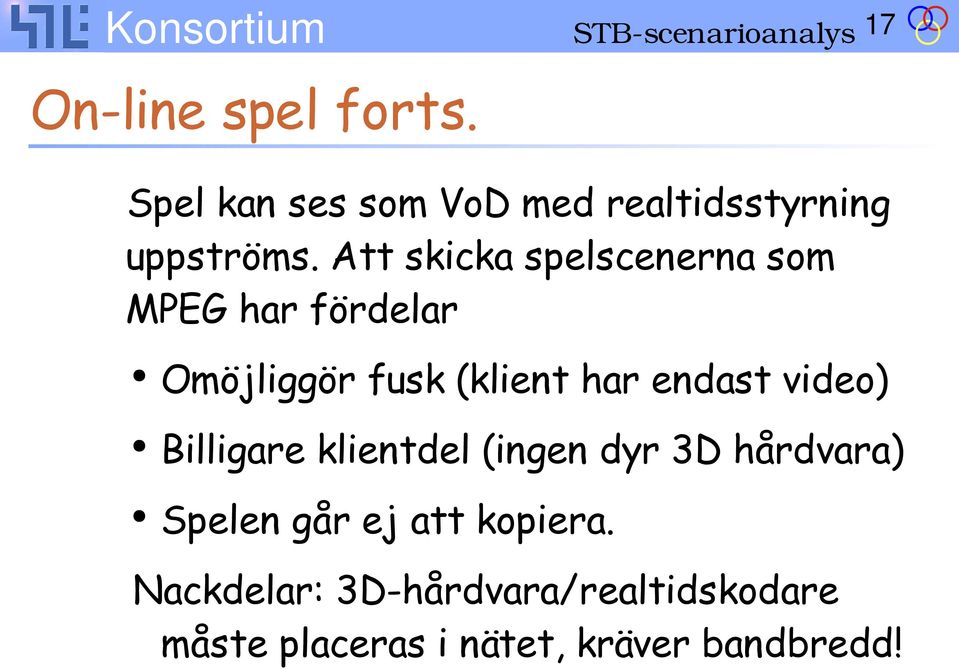 Att skicka spelscenerna som MPEG har fördelar Omöjliggör fusk (klient har endast