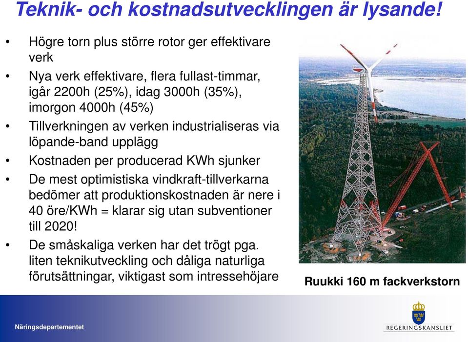 (45%) Tillverkningen av verken industrialiseras via löpande-band upplägg Kostnaden per producerad KWh sjunker De mest optimistiska