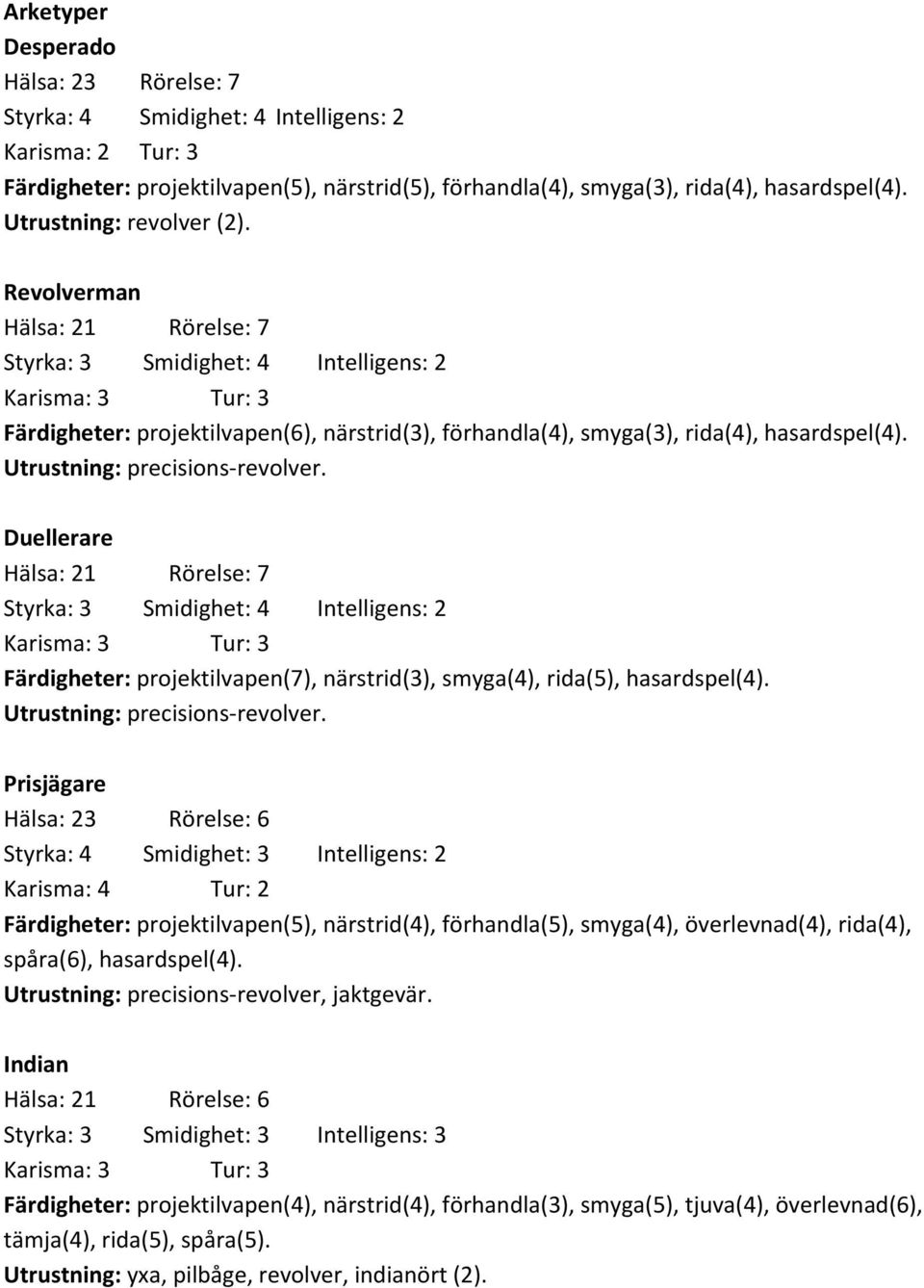 Duellerare Hälsa: 21 Rörelse: 7 Styrka: 3 Smidighet: 4 Intelligens: 2 Färdigheter: projektilvapen(7), närstrid(3), smyga(4), rida(5), hasardspel(4). Utrustning: precisions-revolver.
