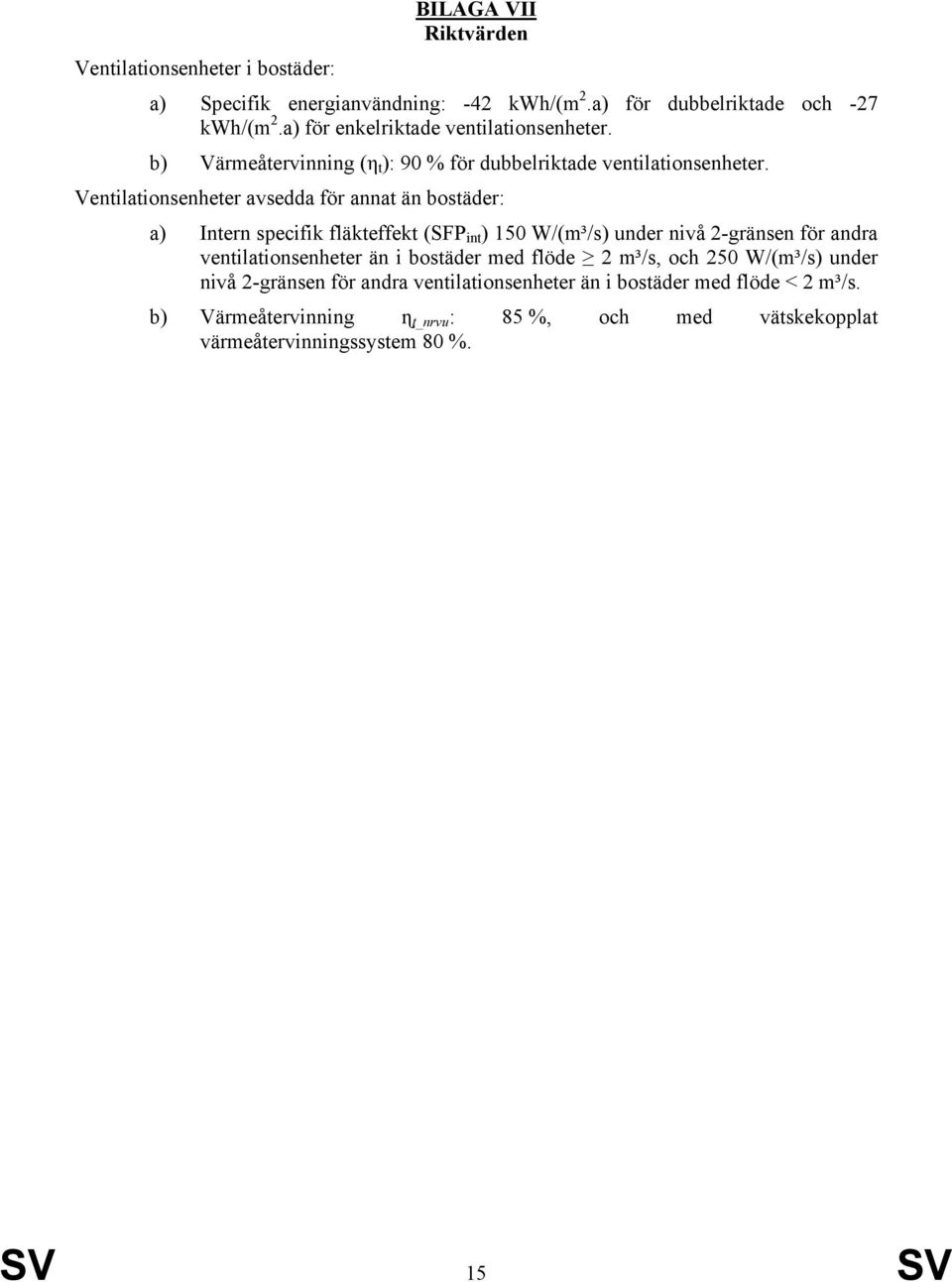 Ventilationsenheter avsedda för annat än bostäder: a) Intern specifik fläkteffekt (SFP int ) 150 W/(m³/s) under nivå 2-gränsen för andra ventilationsenheter