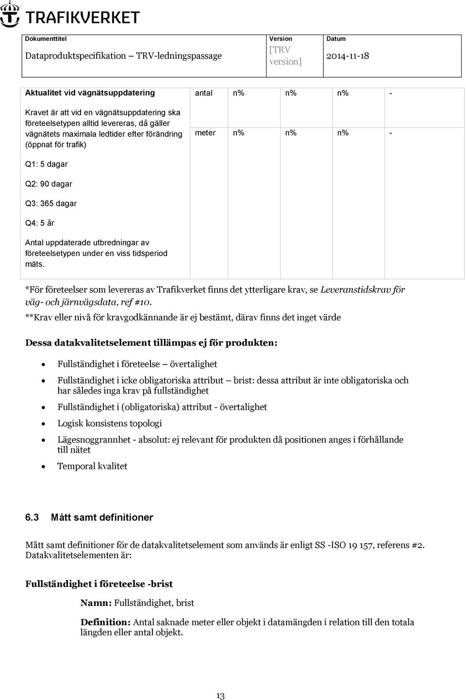 *För företeelser som levereras av Trafikverket finns det ytterligare krav, se Leveranstidskrav för väg- och järnvägsdata, ref #10.