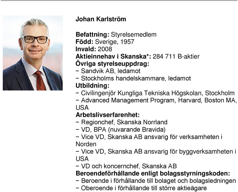 Regionchef, Skanska Norrland VD, BPA (nuvarande Bravida) Vice VD, Skanska AB ansvarig för verksamheten i Norden Vice VD, Skanska AB