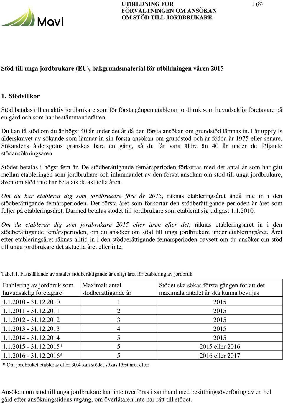 Du kan få stöd om du är högst 40 år under det år då den första ansökan om grundstöd lämnas in.