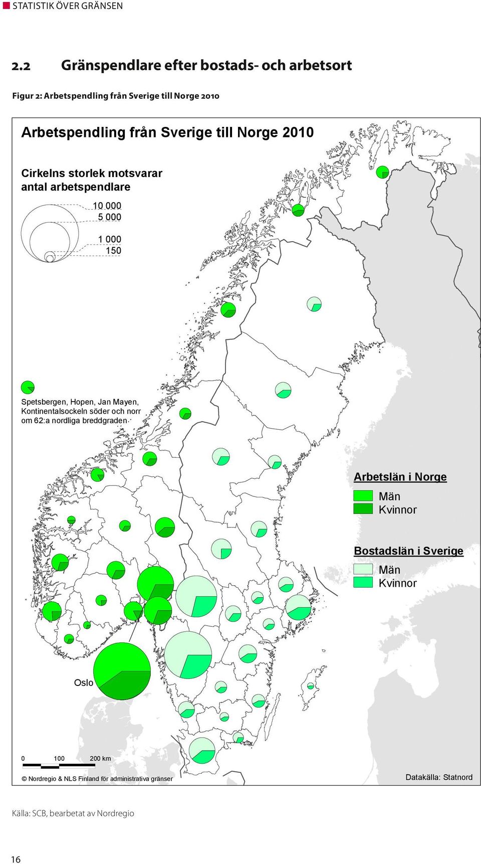 Norge 2010 Cirkelns storlek motsvarar antal arbetspendlare 10 000 5 000 1 000 150 Spetsbergen, Hopen, Jan Mayen,