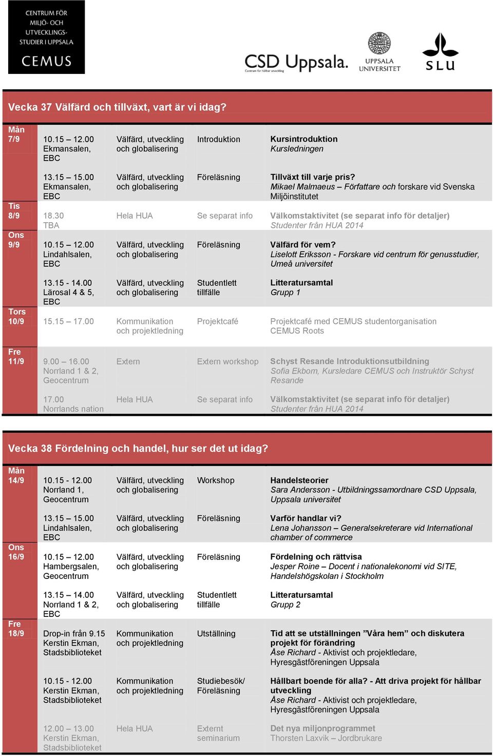 Liselott Eriksson - Forskare vid centrum för genusstudier, Umeå universitet 13.15-14.00 Tors 10/9 15.15 17.00 Projektcafé Grupp 1 Projektcafé med studentorganisation Roots 11/9 9.00 16.