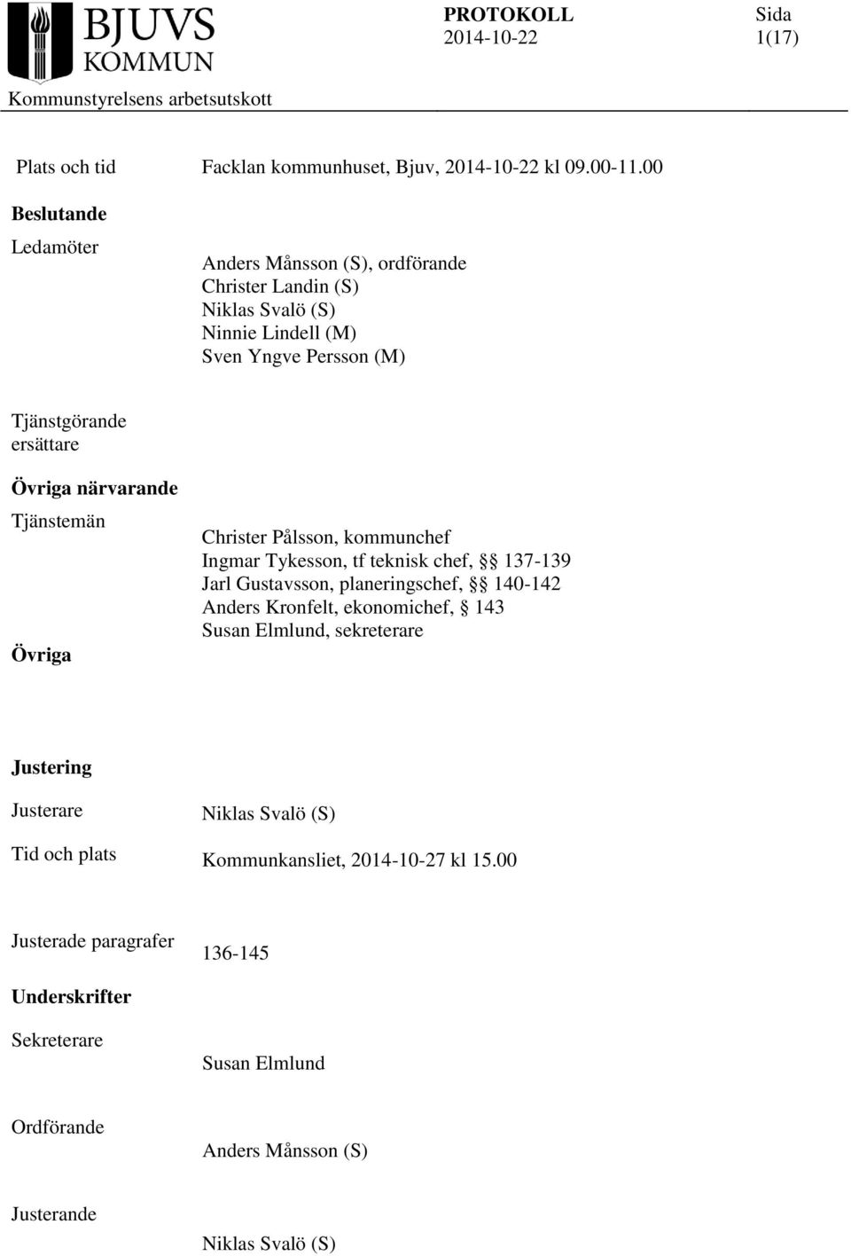 Övriga närvarande Tjänstemän Övriga Christer Pålsson, kommunchef Ingmar Tykesson, tf teknisk chef, 137-139 Jarl Gustavsson, planeringschef, 140-142 Anders