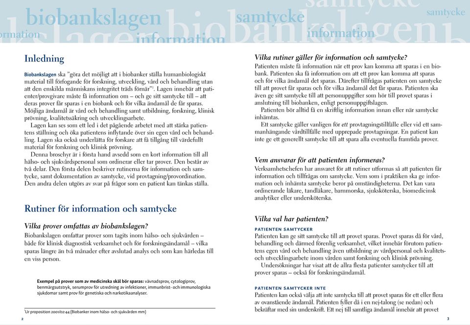 Patienten ska även ge sitt till att personuppgifter som hör till provet sparas i anslutning till ioanken, enligt personuppgiftslagen. Patienten ör alltid få en skriftlig info innan eller när inhämtas.