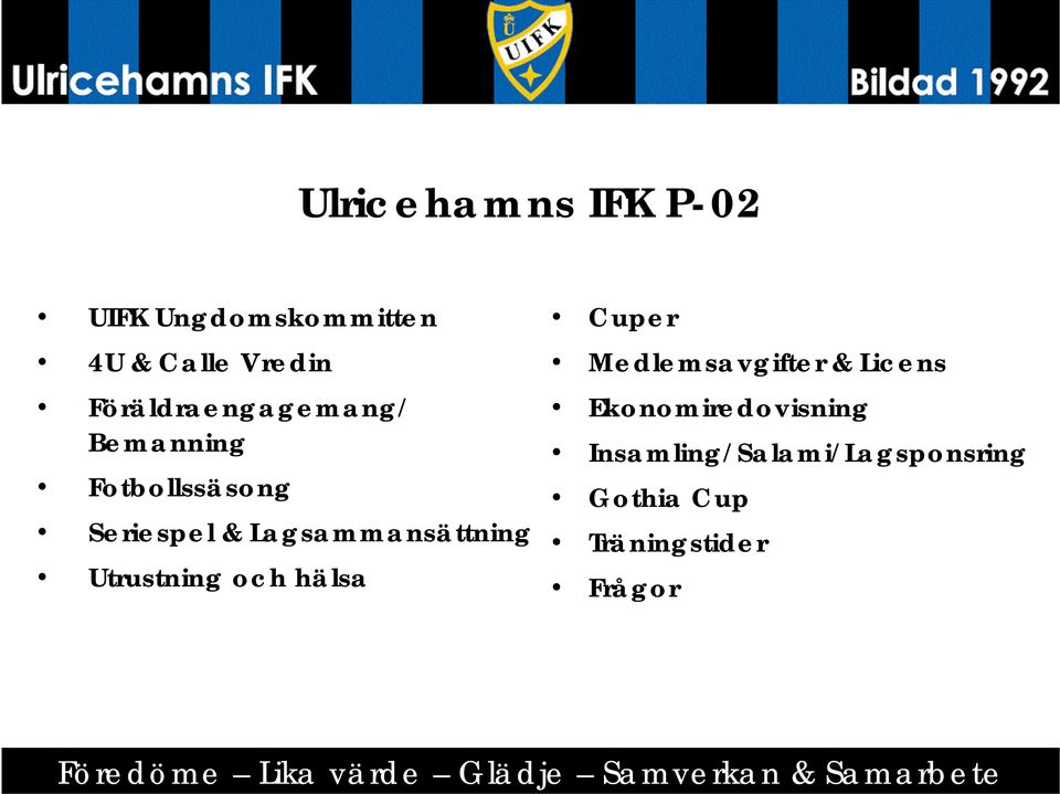 Lagsammansättning Utrustning och hälsa Cuper Medlemsavgifter &