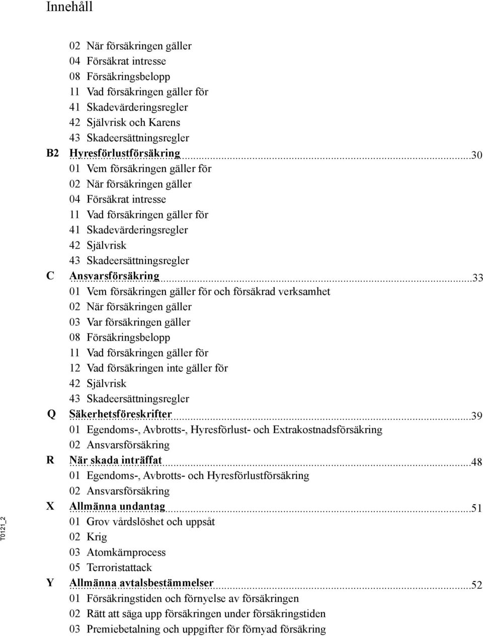 ..30 01 Vem försäkringen gäller för 02 När försäkringen gäller 04 Försäkrat intresse 11 Vad försäkringen gäller för 41 Skadevärderingsregler 42 Självrisk 43 Skadeersättningsregler Ansvarsförsäkring.