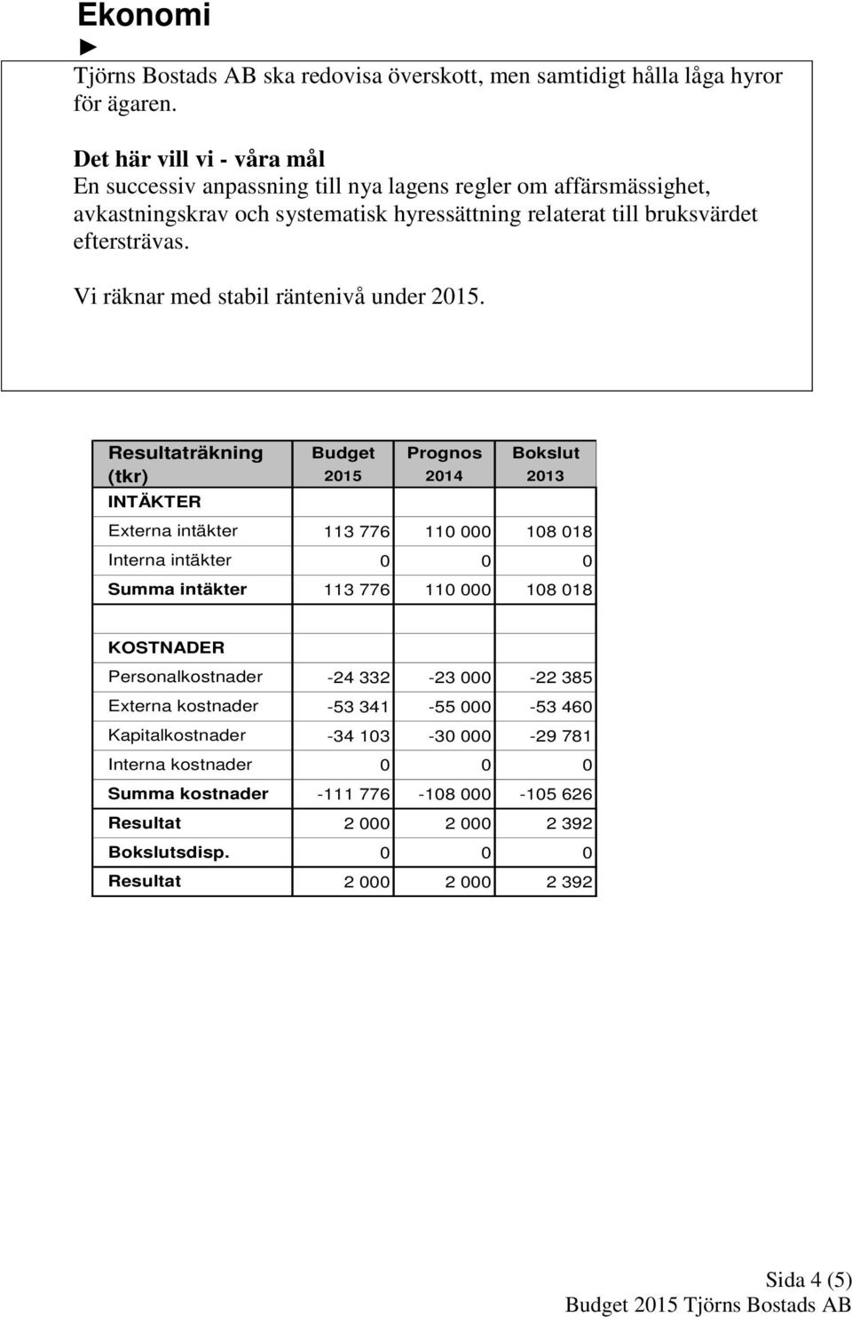 Vi räknar med stabil räntenivå under 2015.