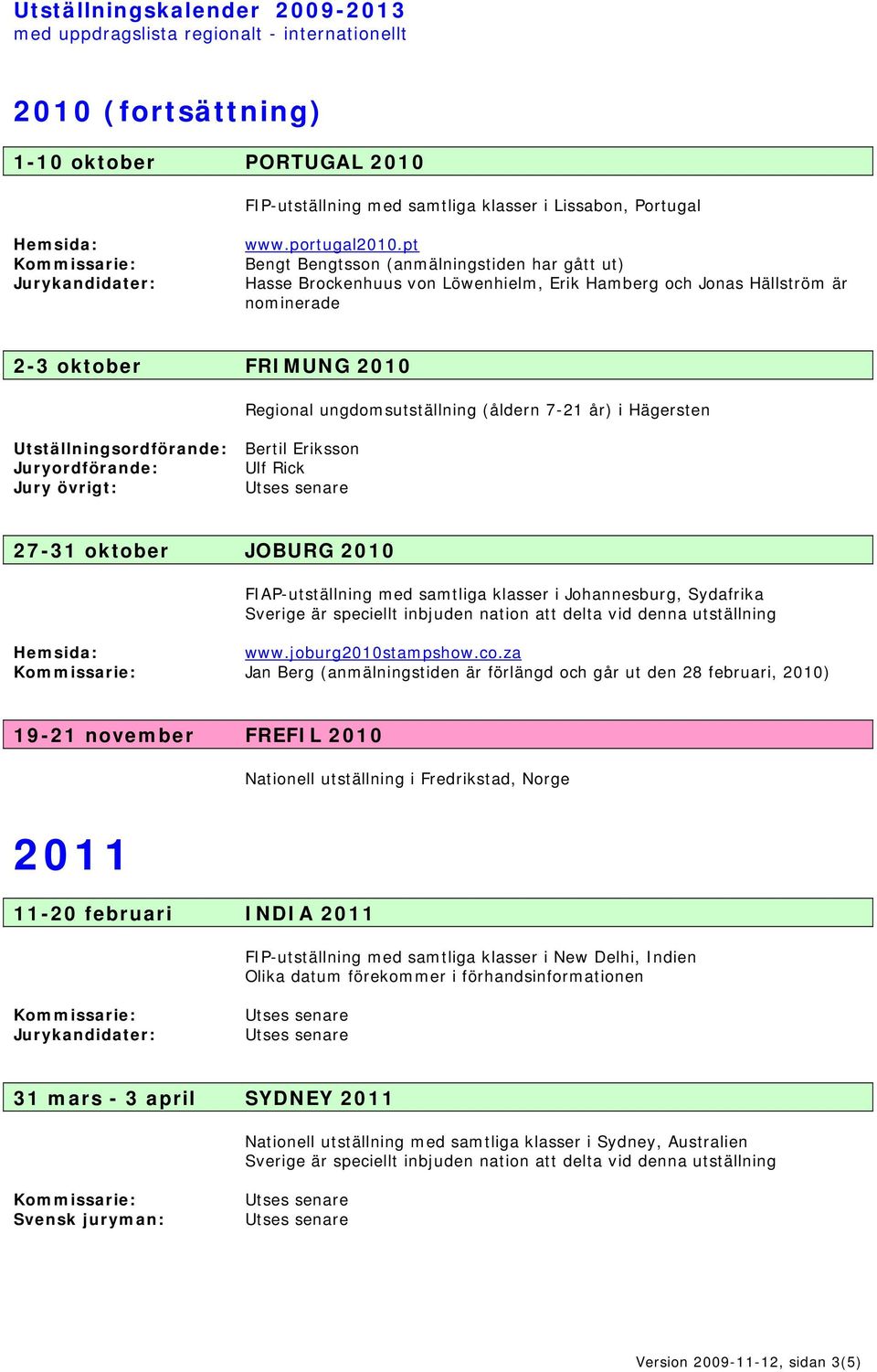 i Hägersten Utställningsordförande: Bertil Eriksson Ulf Rick 27-31 oktober JOBURG 2010 FIAP-utställning med samtliga klasser i Johannesburg, Sydafrika Sverige är speciellt inbjuden nation att delta