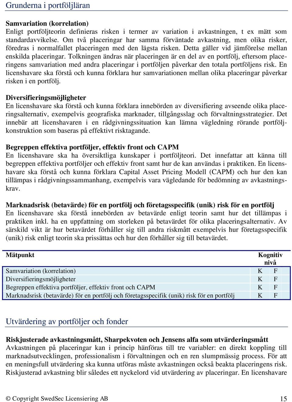 Tolkningen ändras när placeringen är en del av en portfölj, eftersom placeringens samvariation med andra placeringar i portföljen påverkar den totala portföljens risk.