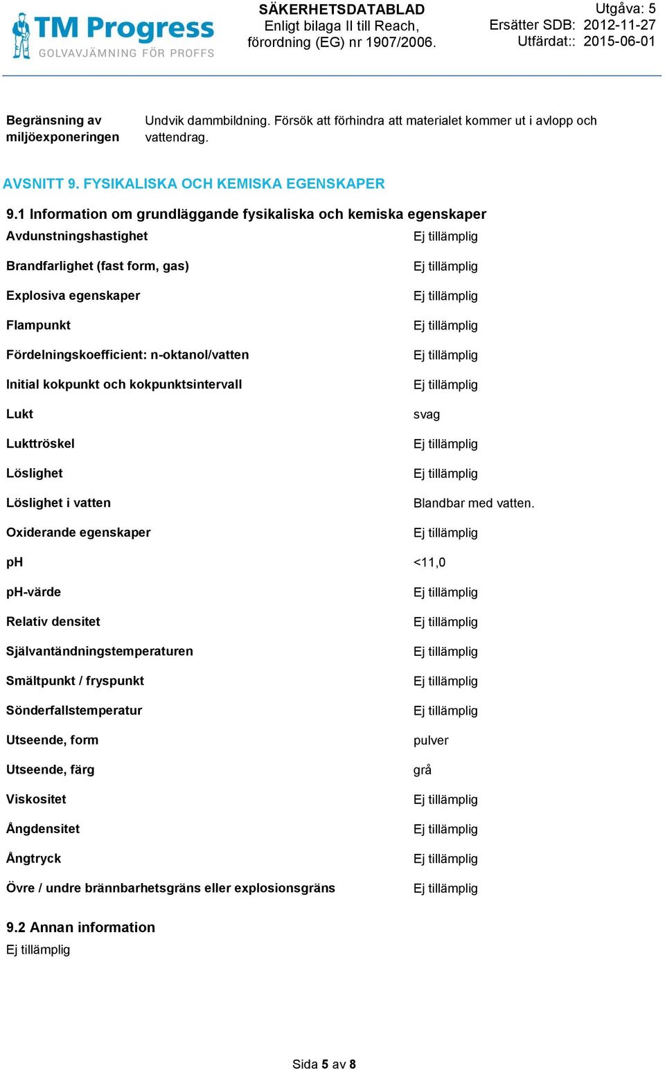 Initial kokpunkt och kokpunktsintervall Lukt Lukttröskel Löslighet Löslighet i vatten Oxiderande egenskaper svag Blandbar med vatten.