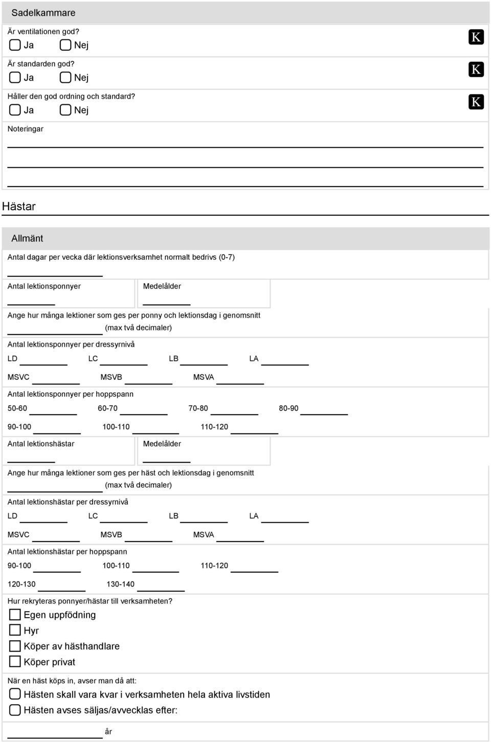 decimaler) Antal lektionsponnyer per dressyrnivå LD LC LB LA MSVC MSVB MSVA Antal lektionsponnyer per hoppspann 50-60 60-70 70-80 80-90 90-100 100-110 110-120 Antal lektionshästar Medelålder Ange hur