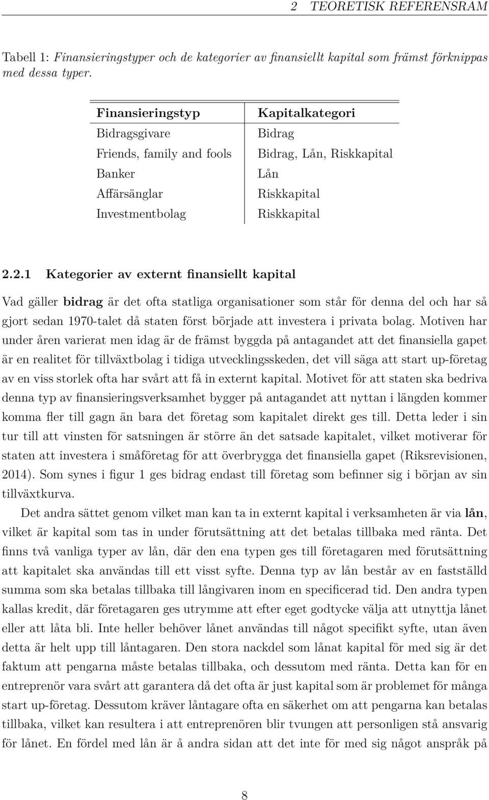 2.1 Kategorier av externt finansiellt kapital Vad gäller bidrag är det ofta statliga organisationer som står för denna del och har så gjort sedan 1970-talet då staten först började att investera i