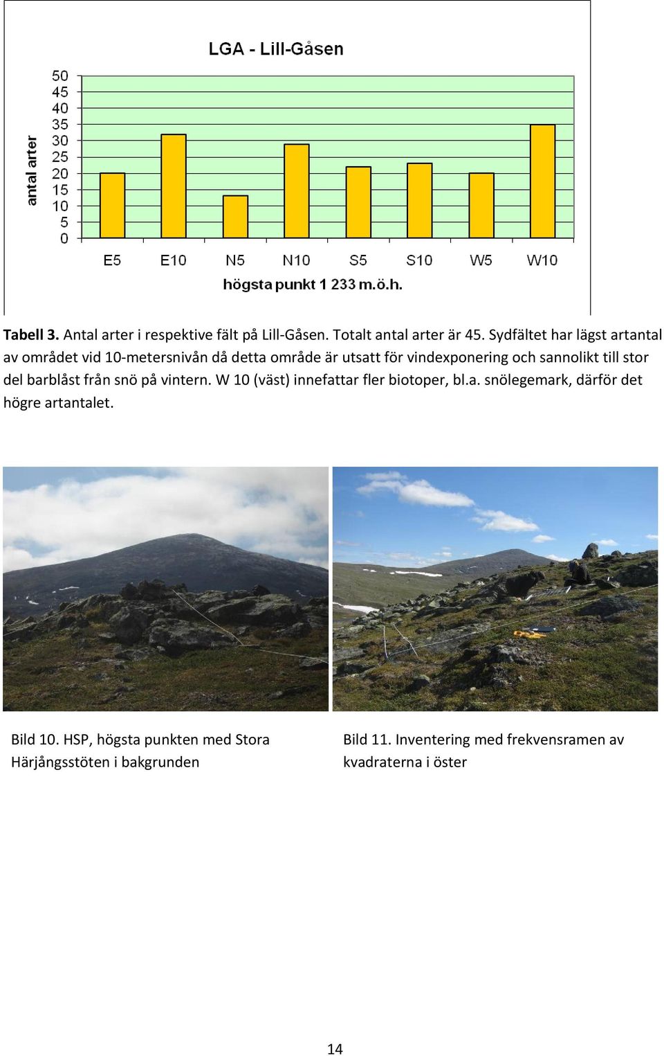 sannolikt till stor del barblåst från snö på vintern. W 10 (väst) innefattar fler biotoper, bl.a. snölegemark, därför det högre artantalet.