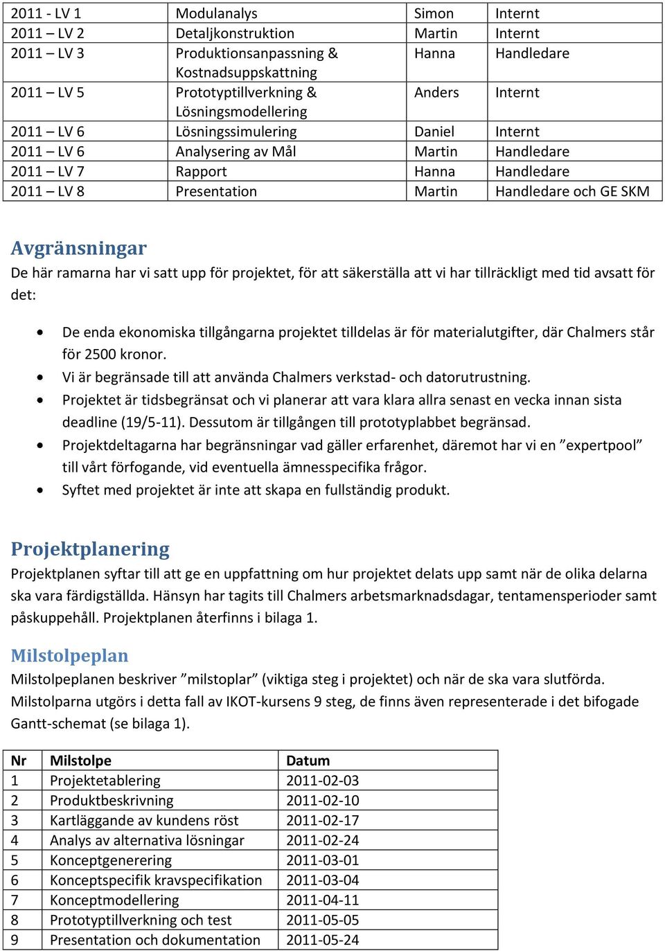 GE SKM Avgränsningar De här ramarna har vi satt upp för projektet, för att säkerställa att vi har tillräckligt med tid avsatt för det: De enda ekonomiska tillgångarna projektet tilldelas är för