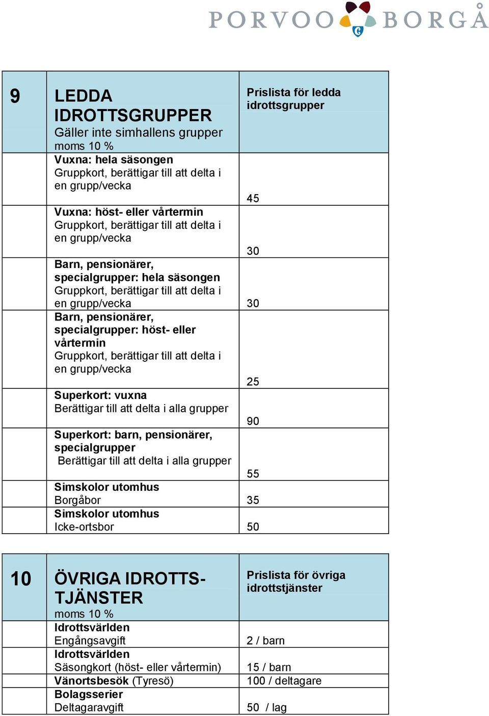 specialgrupper: höst- eller vårtermin Gruppkort, berättigar till att delta i en grupp/vecka 25 Superkort: vuxna Berättigar till att delta i alla grupper 90 Superkort: barn, pensionärer,