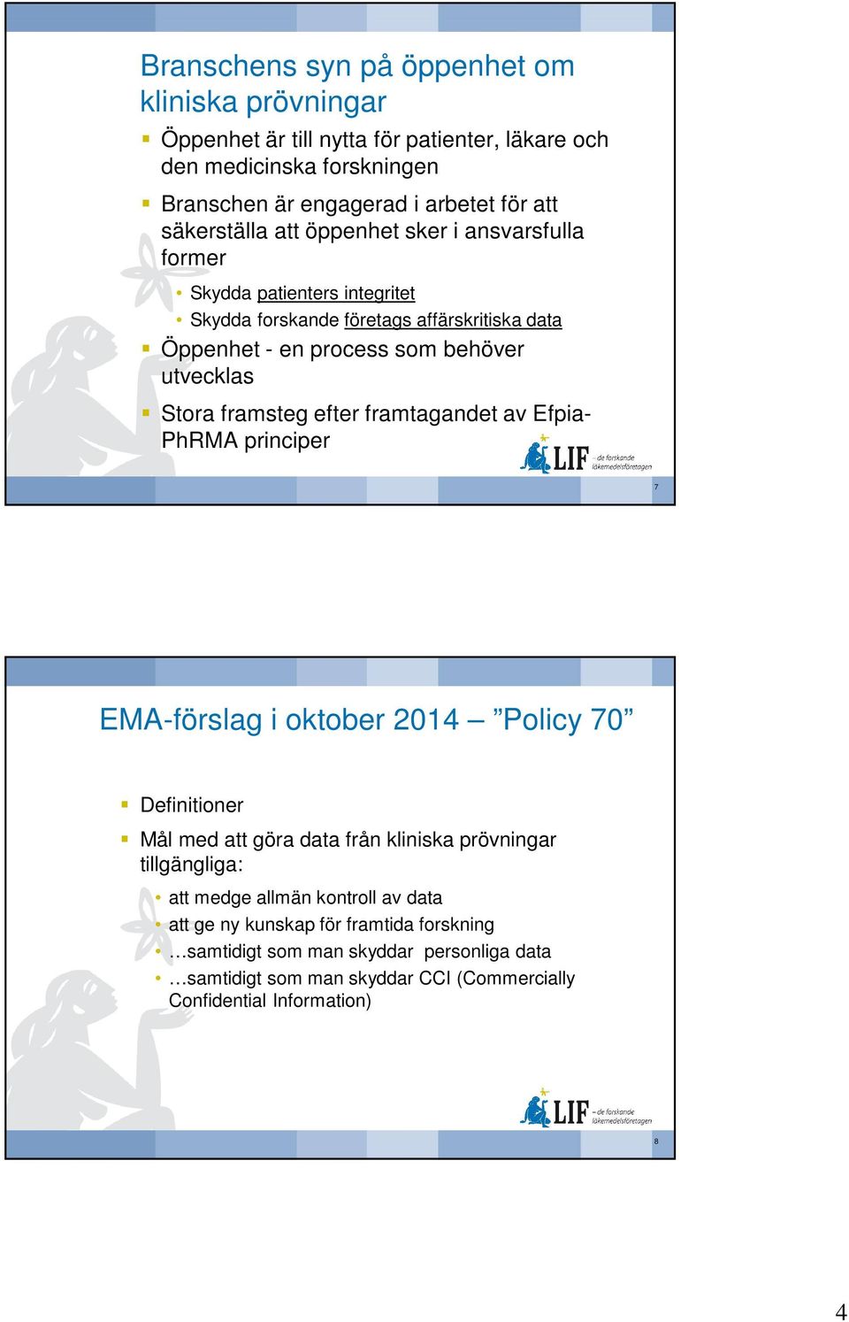 Stora framsteg efter framtagandet av Efpia- PhRMA principer 7 EMA-förslag i oktober 2014 Policy 70 Definitioner Mål med att göra data från kliniska prövningar tillgängliga: