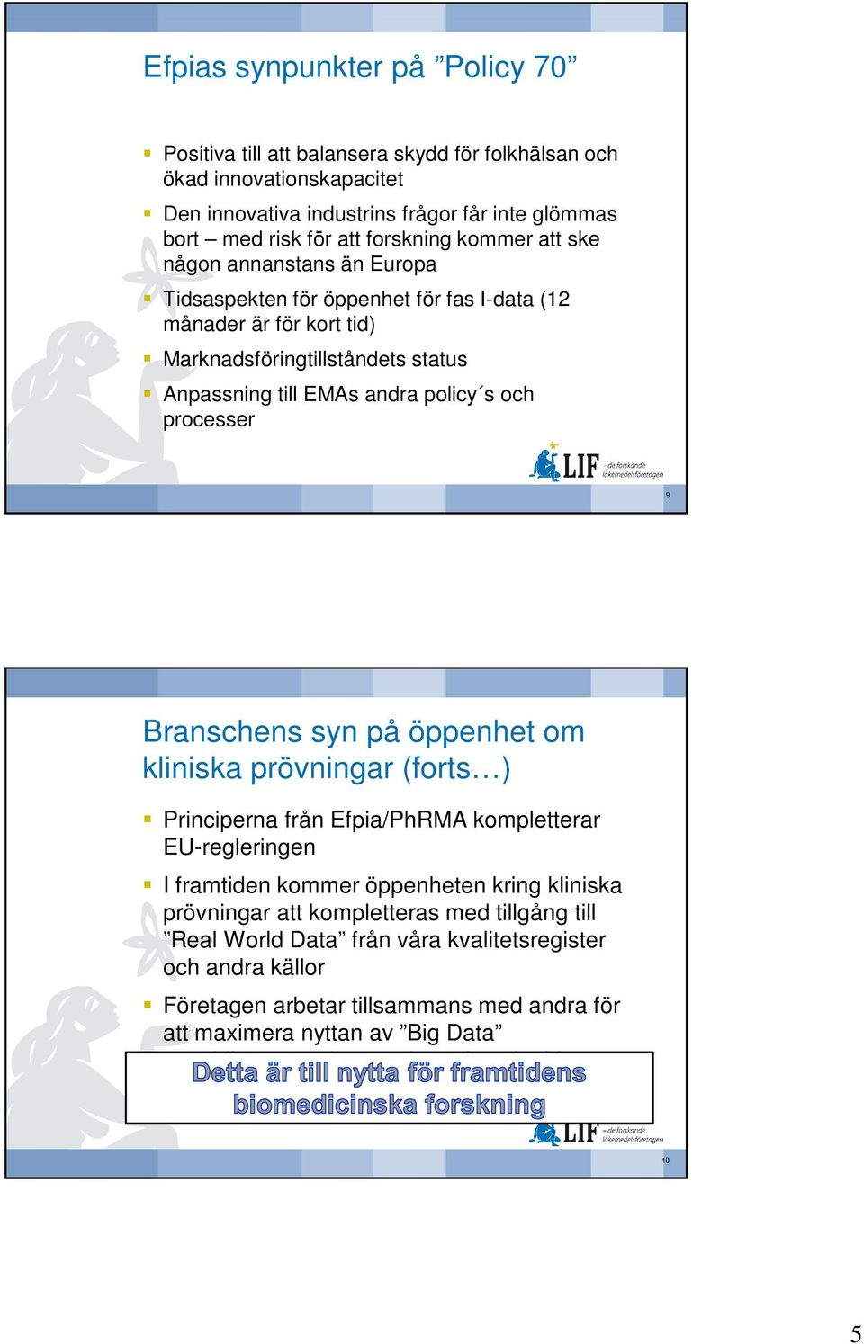 processer 9 Branschens syn på öppenhet om kliniska prövningar (forts ) Principerna från Efpia/PhRMA kompletterar EU-regleringen I framtiden kommer öppenheten kring kliniska prövningar att