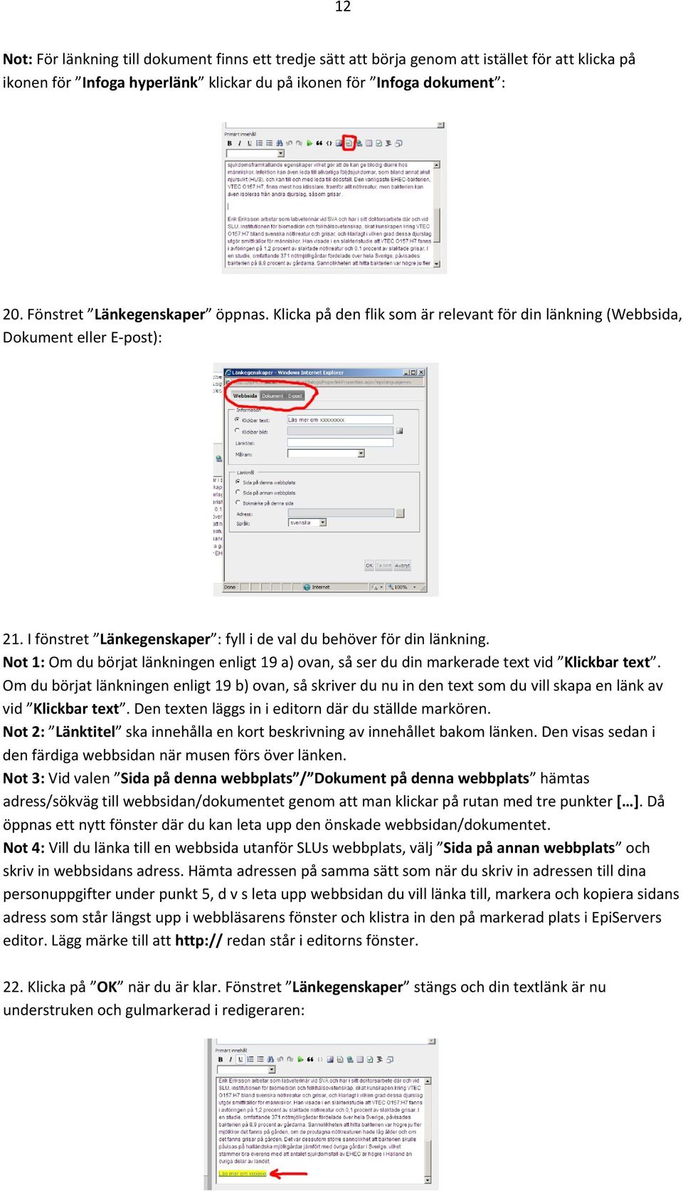 Not 1: Om du börjat länkningen enligt 19 a) ovan, så ser du din markerade text vid Klickbar text.