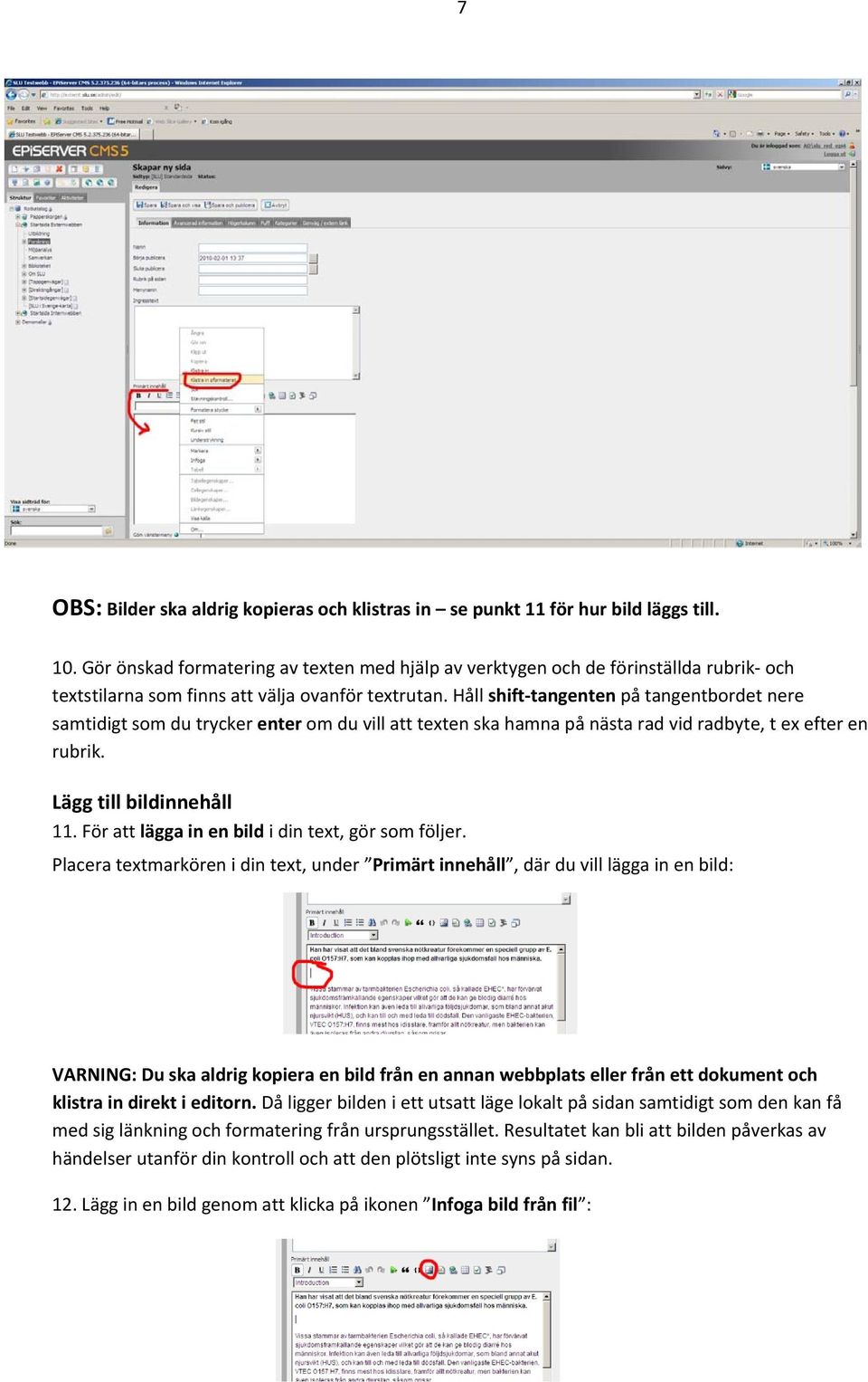 Håll shift tangenten på tangentbordet nere samtidigt som du trycker enter om du vill att texten ska hamna på nästa rad vid radbyte, t ex efter en rubrik. Lägg till bildinnehåll 11.