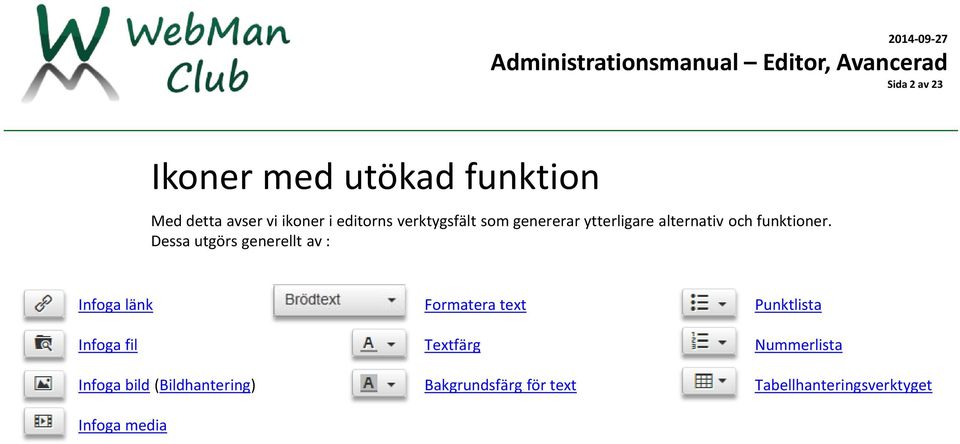 Dessa utgörs generellt av : Infoga länk Infoga fil Infoga bild (Bildhantering)