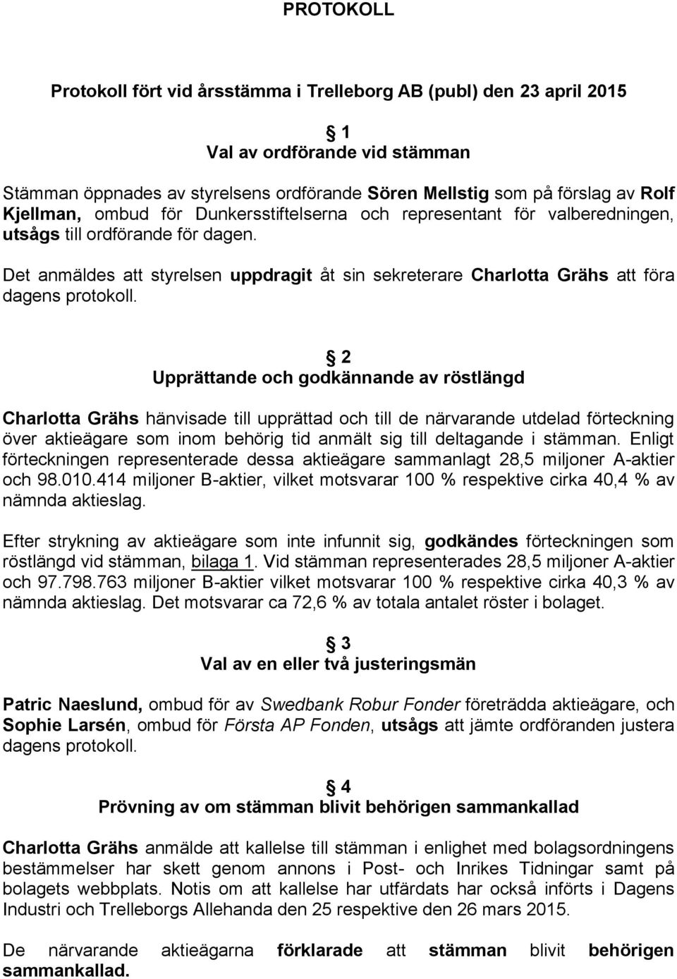 Det anmäldes att styrelsen uppdragit åt sin sekreterare Charlotta Grähs att föra dagens protokoll.