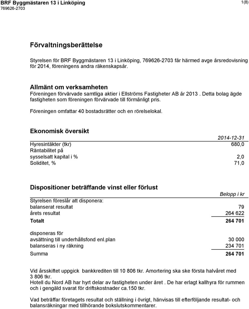 Föreningen omfattar 40 bostadsrätter och en rörelselokal.